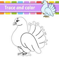 Trace and color dove. Coloring page for kids. Handwriting practice. Education developing worksheet. Activity page. Game for toddlers. Isolated vector illustration. Cartoon style.