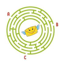 Circle maze envelope. Game for kids. Puzzle for children. Round labyrinth conundrum. Color vector illustration. Find the right path. Education worksheet.