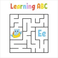 Square maze envelope. Game for kids. Quadrate labyrinth. Education worksheet. Activity page. Learning English alphabet. Cartoon style. Find the right way. Color vector illustration.