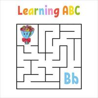 Square maze bouquet. Game for kids. Quadrate labyrinth. Education worksheet. Activity page. Learning English alphabet. Cartoon style. Find the right way. Color vector illustration.