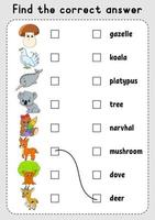 juego de correspondencias para niños. aprender palabras inglesas. hoja de trabajo de desarrollo educativo. página de actividad de color. personaje animado. vector