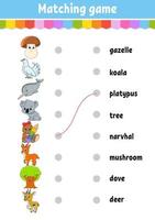 Matching game for kids. Learn English words. Education developing worksheet. Color activity page. Cartoon character. vector