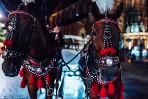 Cracovia, Polonia 2017- la antigua plaza de la noche en Cracovia con carruajes tirados por caballos foto