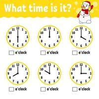 Learning time on the clock snowman. Winter theme. Educational activity worksheet for kids and toddlers. Game for children. Simple flat isolated color vector illustration in cute cartoon style.