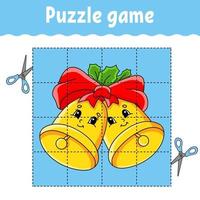 Puzzle game for kids with bells. Winter theme. Education developing worksheet. Learning game for children. Color activity page. For toddler. Riddle for preschool. Isolated vector illustration in cartoon style.