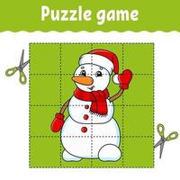 Puzzle game for kids with snowman. Winter theme. Education developing worksheet. Learning game for children. Color activity page. For toddler. Riddle for preschool. Isolated vector illustration in cartoon style.