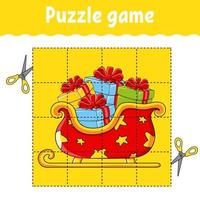 Puzzle game for kids sleigh. Winter theme. Education developing worksheet. Learning game for children. Color activity page. For toddler. Riddle for preschool. Isolated vector illustration in cartoon style.