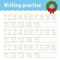 Learn Numbers. Trace and write. Winter theme. Handwriting practice. Learning numbers for kids. Education developing worksheet. Color activity page. Isolated vector illustration in cute cartoon style.