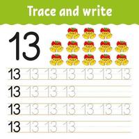 Learn Number 13. Trace and write. Winter theme. Handwriting practice. Learning numbers for kids. Education developing worksheet. Color activity page. Isolated vector illustration in cute cartoon style.