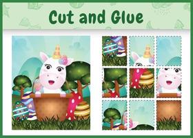 Children board game cut and glue themed easter with a cute unicorn in the bucket egg vector