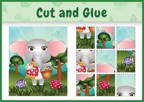 Children board game cut and glue themed easter with a cute elephant holding the bucket egg and easter egg vector