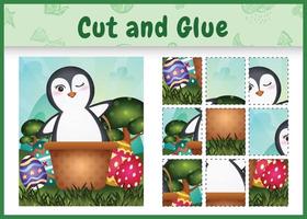 Children board game cut and glue themed easter with a cute penguin in the bucket egg vector