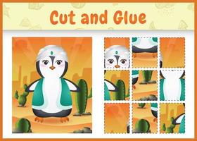 Children board game cut and glue themed easter with a cute penguin using arabic traditional costume vector