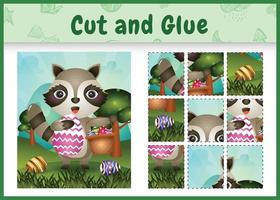 Children board game cut and glue themed easter with a cute raccoon holding the bucket egg and easter egg vector