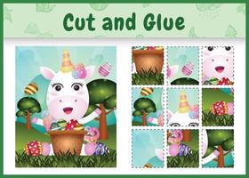 Children board game cut and glue themed easter with a cute unicorn in the bucket egg vector