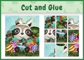 Children board game cut and glue themed easter with a cute raccoon using bunny ears headbands hugging eggs vector
