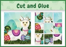 Children board game cut and glue themed easter with a cute alpaca using bunny ears headbands hugging eggs vector