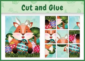 Children board game cut and glue themed easter with a cute fox using bunny ears headbands hugging eggs vector