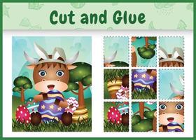 Children board game cut and glue themed easter with a cute buffalo using bunny ears headbands hugging eggs vector