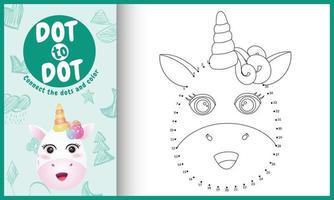 Connect the dots kids game and coloring page with a cute face unicorn character illustration vector
