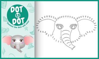 Connect the dots kids game and coloring page with a cute face elephant character illustration vector