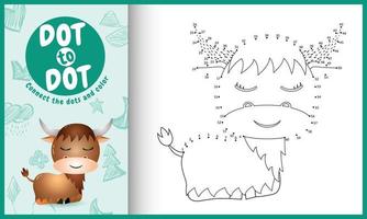 Connect the dots kids game and coloring page with a cute buffalo character illustration vector