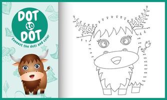 Connect the dots kids game and coloring page with a cute buffalo character illustration vector