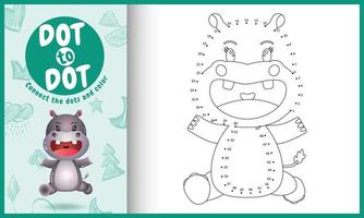 Connect the dots kids game and coloring page with a cute hippo character illustration vector