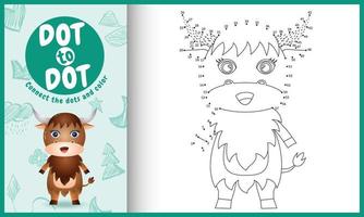 Connect the dots kids game and coloring page with a cute buffalo character illustration vector