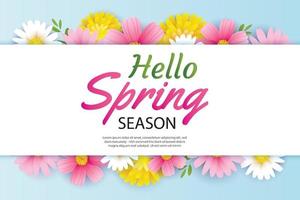 Hello spring greeting card and invitation with blooming flowers background template. Design for cover, flyers, posters, brochure, banner. vector