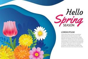 Hello spring greeting card and invitation with blooming flowers background template. Design for decor, flyers, posters, brochure, banner. vector