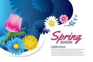 Hello spring greeting card and invitation with blooming flowers background template. Design for decor, flyers, posters, brochure, banner. vector