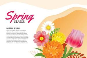 Hello spring greeting card and invitation with blooming flowers background template. Design for decor, flyers, posters, brochure, banner. vector