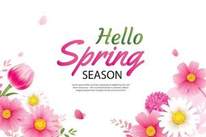 Hola tarjeta de felicitación de primavera e invitación con plantilla de fondo de flores florecientes. diseño para decoración, volantes, carteles, folletos, pancartas. vector