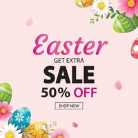 Easter sale banner design template with colorful eggs and flowers. Use for advertising, flyers, posters, brochure, voucher discount. vector