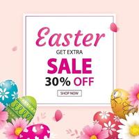 Easter sale banner design template with colorful eggs and flowers. Use for advertising, flyers, posters, brochure, voucher discount. vector