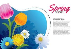 Hello spring greeting card and invitation with blooming flowers background template. Design for decor, flyers, posters, brochure, banner. vector