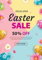 Easter sale banner design template with colorful eggs and flowers. Use for advertising, flyers, posters, brochure, voucher discount. vector