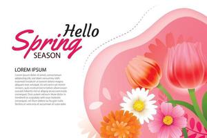 Hello spring greeting card and invitation with blooming flowers background template. Design for decor, flyers, posters, brochure, banner. vector