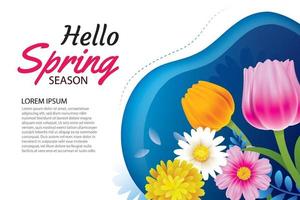 Hello spring greeting card and invitation with blooming flowers background template. Design for decor, flyers, posters, brochure, banner. vector