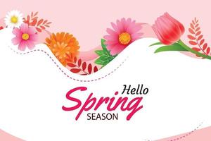 Hello spring greeting card and invitation with blooming flowers background template. Design for decor, flyers, posters, brochure, banner. vector