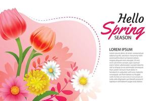 Hello spring greeting card and invitation with blooming flowers background template. Design for decor, flyers, posters, brochure, banner. vector