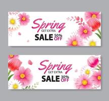 Spring sale cover banner with blooming flowers background template. Design for advertising, flyers, posters, brochure, invitation, voucher discount. vector