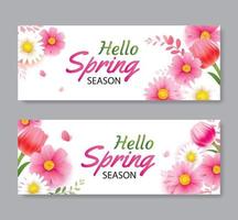 Hello spring greeting card and invitation with blooming flowers background template. Design for cover, flyers, posters, brochure, banner. vector