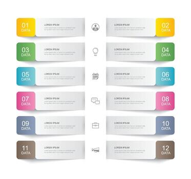 Plantilla de índice de línea fina de papel de pestaña de infografías de 12 datos. ilustración vectorial resumen de antecedentes. se puede utilizar para el diseño de flujo de trabajo, paso empresarial, banner, diseño web. vector