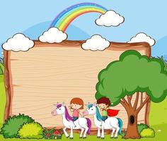 Banner vacío con niños jugando con unicornios en el bosque. vector