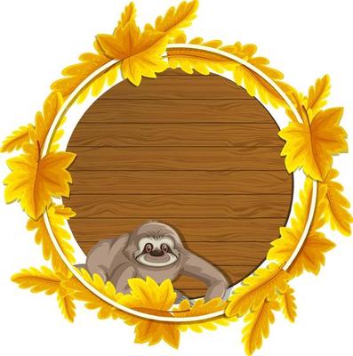 Round autumn leaves banner template with a sloth cartoon character