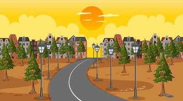 Background scene with long road through the park into the town at sunset time vector