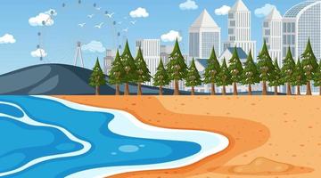 escena de playa con fondo de paisaje urbano vector