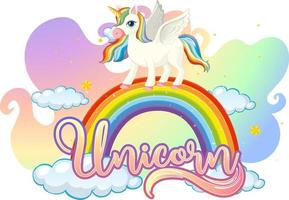 personaje de dibujos animados de unicornio de pie sobre un arco iris con fuente de unicornio vector